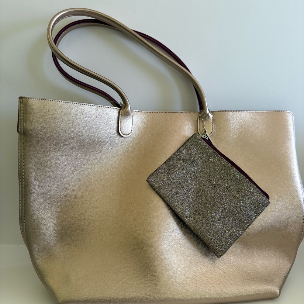 Bath & Body Works Gold Tote with Gray Pouch
